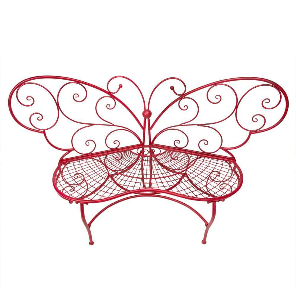 Butterfly Metal Bench Red - Alpine Corporation: Durable Garden Seating, Weather-Resistant Iron Construction
