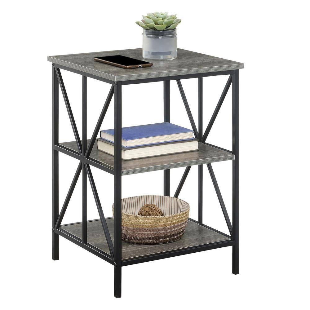 Convenience Concepts Tucson Starburst End Table with Shelves, Weathered Gray/Black