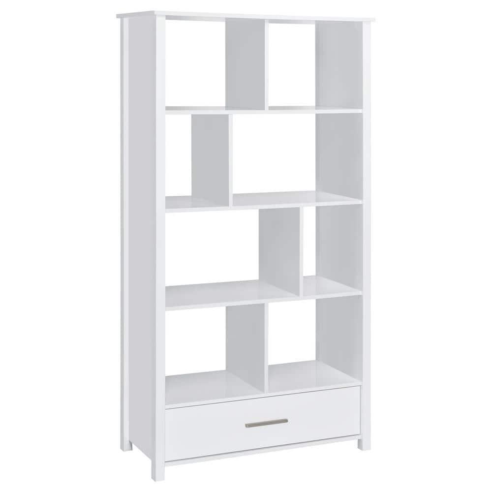 Coaster 68" Dylan 8 Shelf Bookcase with Storage Drawer White High Gloss : Laminated, Modern Design, Zinc Alloy Hardware