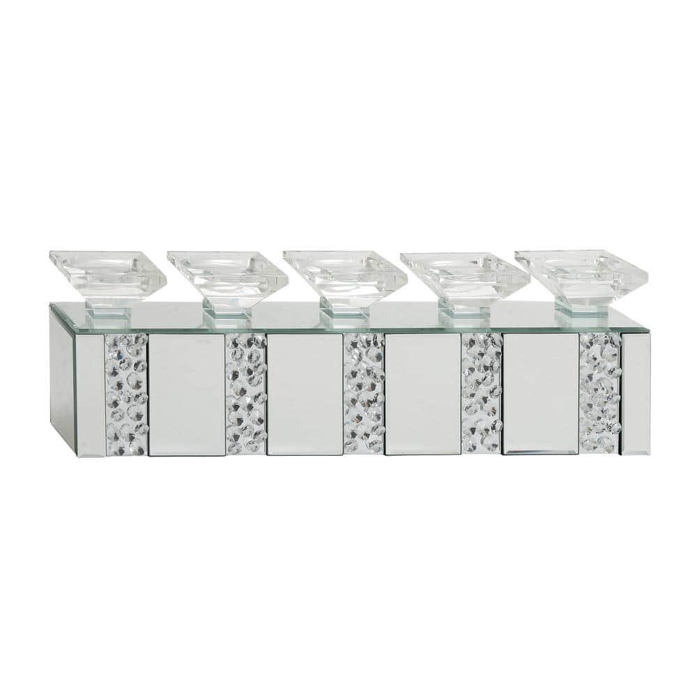 Mercer41 Glass Pillar 5 Plate Decorative Silver Candelabra with Mirrored Accents and Crystals
