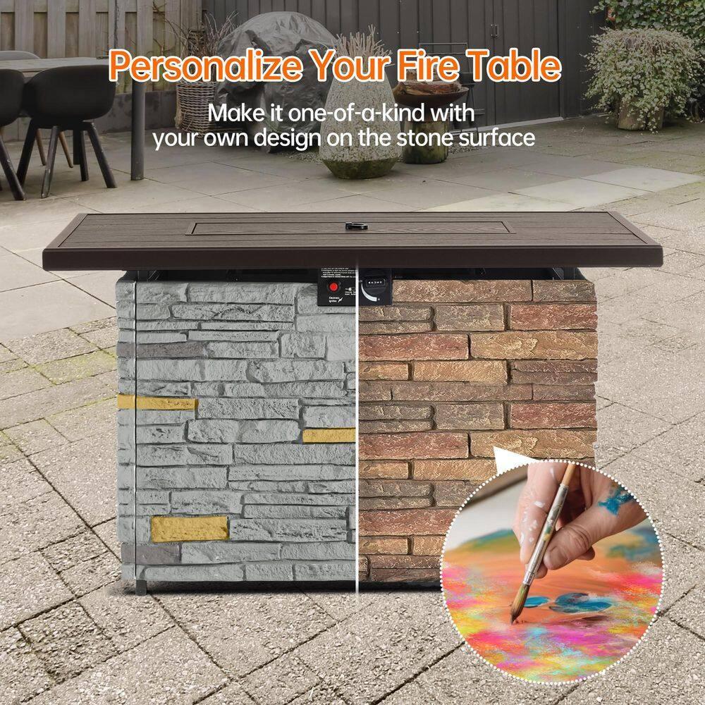 43" Propane Fire Pit Table Outdoor Rectangular Stone Firepit Table 50000 Btu Propane Fire Tables for Outside Patio with Glass Wind Guard, Lid, Fire Glass Beads, Pizzello Caldo (Gray Stone)