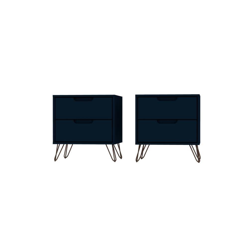 Set of 2 Rockefeller 2 Drawer Nightstands Tatiana Midnight Blue - Manhattan Comfort: Modern Splayed Metal Legs, MDF