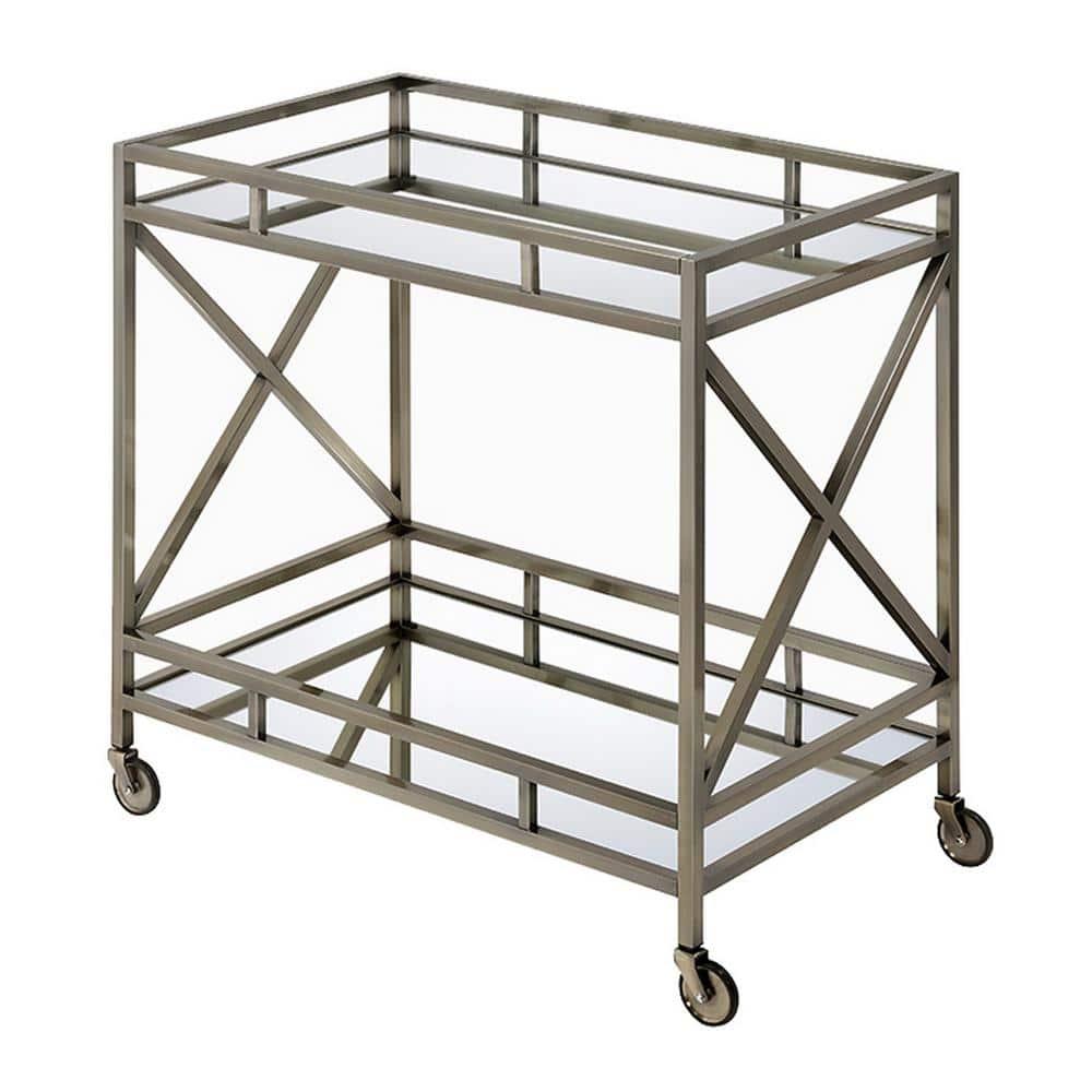 Benzara Metal Framed Two Tier Serving Cart with X Shaped Side Panels, Mirrored, Antique Gold