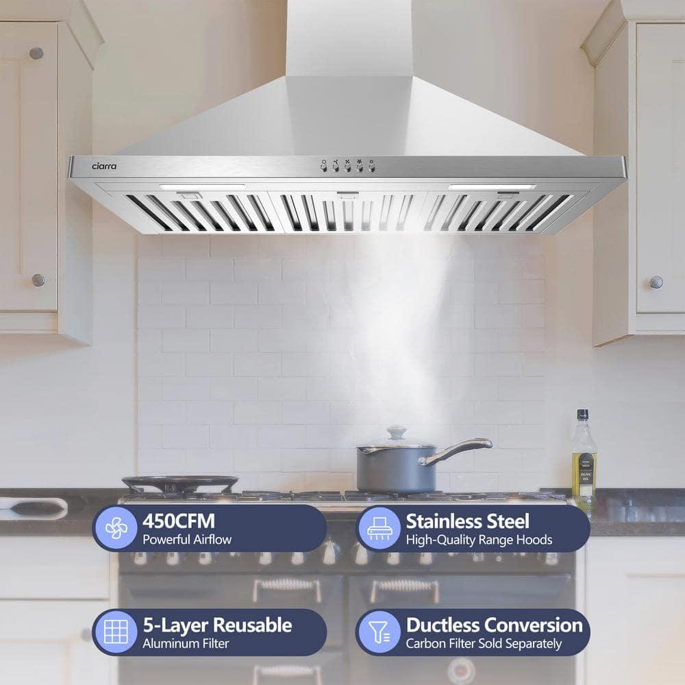CIARRA Range Hood 30 inch Wall Mount Chimney Hood Range 450 CFM Ducted and Ductless Kitchen Hood Vent in Stainless Steel, CAS75302