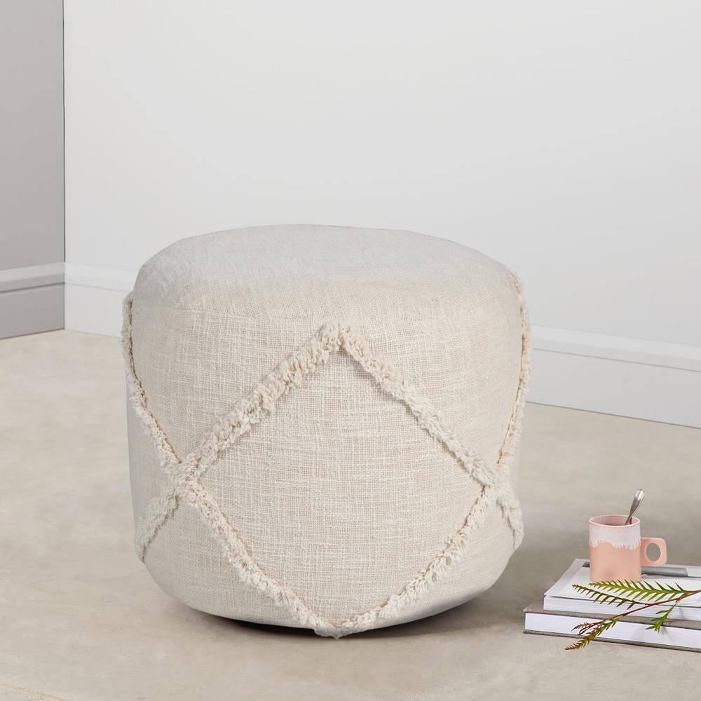 LR Home Small Over-tufted Diamond Indoor Round Pouf, Beige, 18" x 18" x 14"
