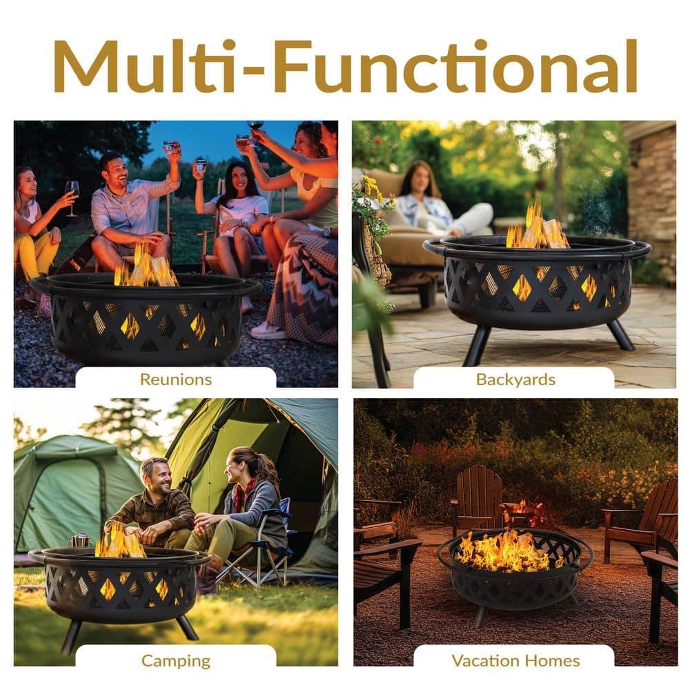 Sunnydaze Outdoor Camping or Backyard Round Crossweave Cut Out Fire Pit with Spark Screen, Log Poker, and Cover - 36"