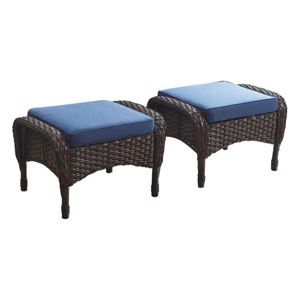 Flat Armrest Series Brown Wicker Outdoor Patio Ottoman with CushionGuard Blue Cushions (2-Pack)