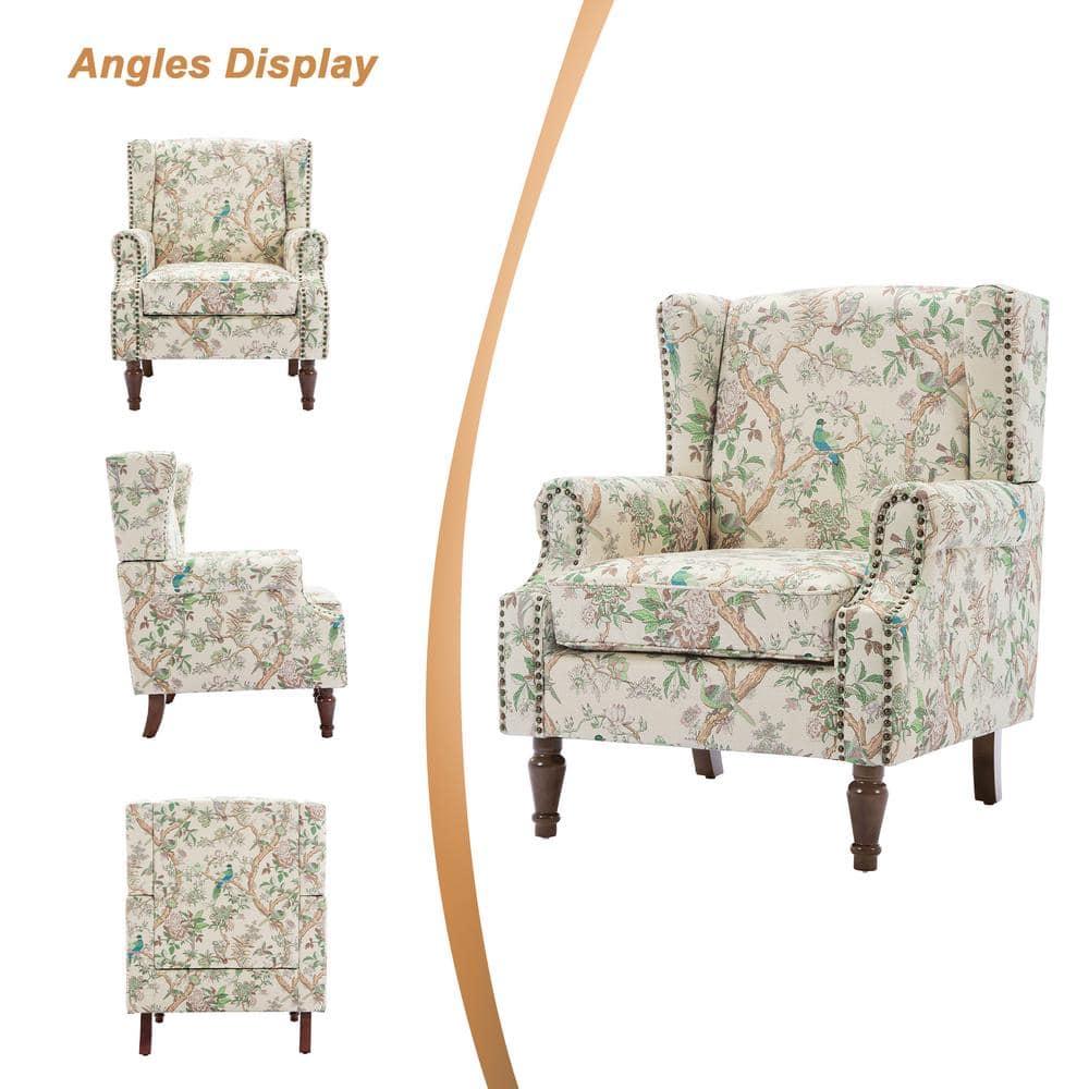 Bird Pattern Linen Upholstered High Back Accent Arm Chair with Nailhead Trim(Set of 2)