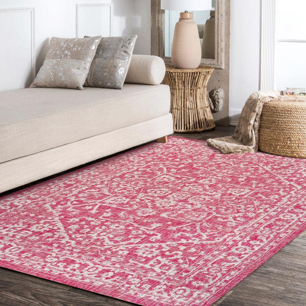9' x 12' Malta Bohemian Medallion Textured Weave Indoor/Outdoor Area Rug, Fuchsia/Light Gray - JONATHAN Y