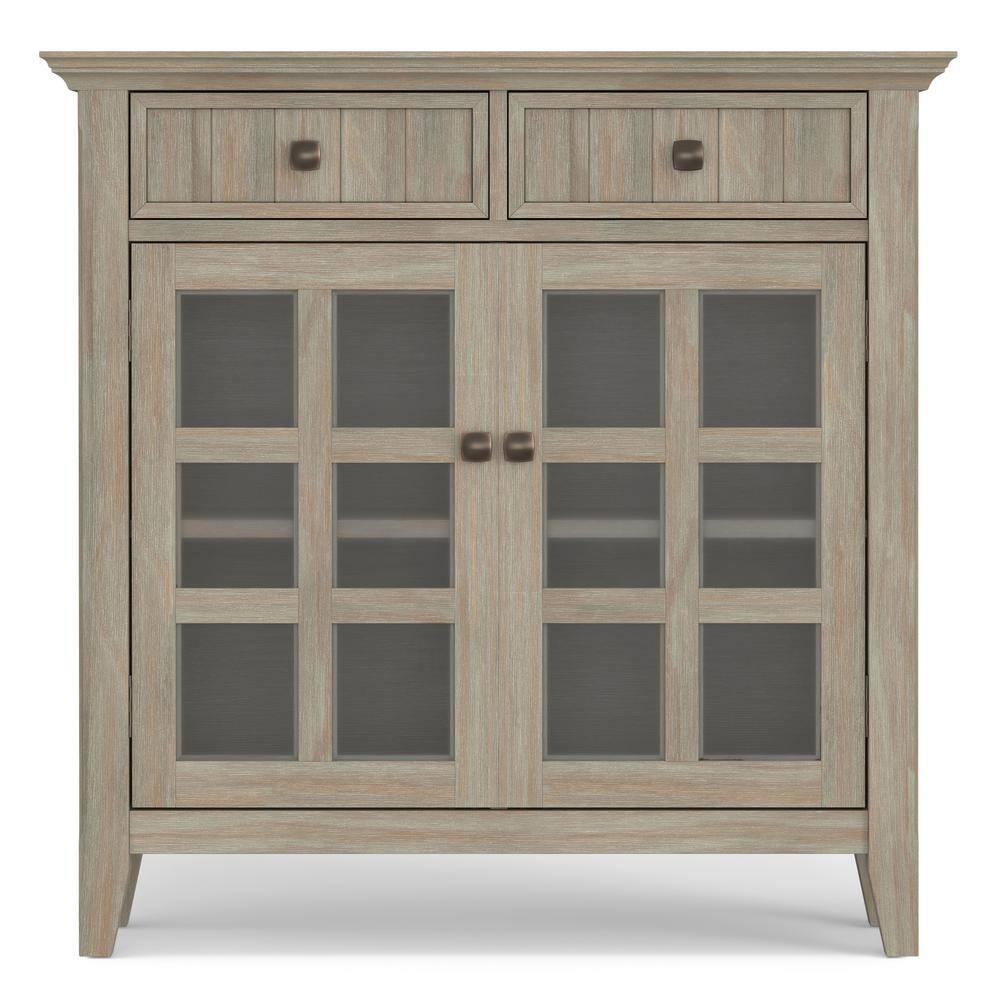 Simpli Home Acadian 36"W Solid Wood 2-Shelf Entryway Storage Cabinet with Glass Doors and 2 Drawers