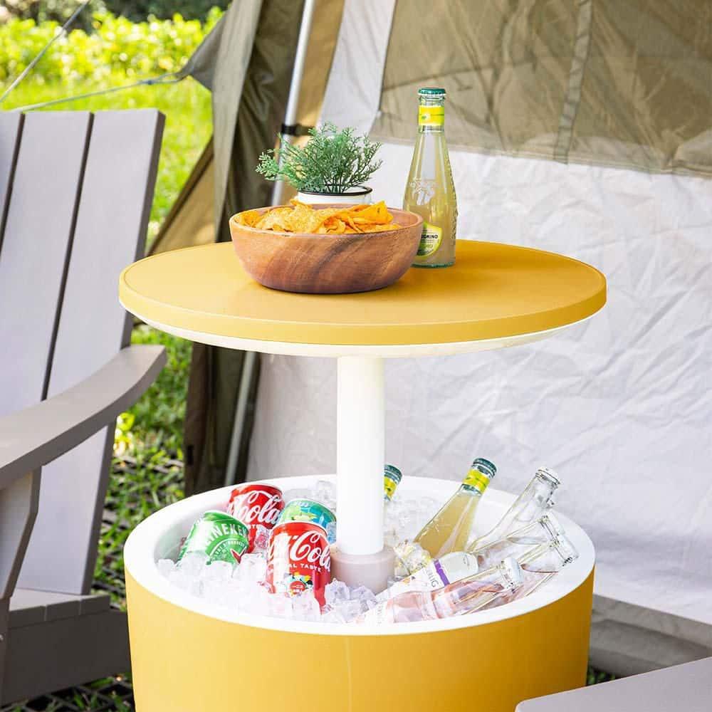 Lagoon Cancun 2-In-1 Outdoor Side Table Gold: Adjustable Height, Resin Cooler Patio Table, Water-Resistant