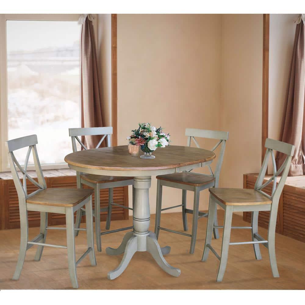 36 in. Round Top Pedestal Counter Height Table with 12 in. Leaf, Hickory & Stone