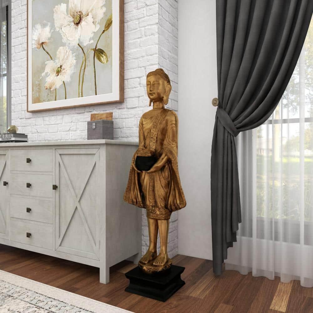 16" x 54" Gold Resin Meditating Buddha Sculpture with Engraved Carvings and Relief Detailing, by DecMode