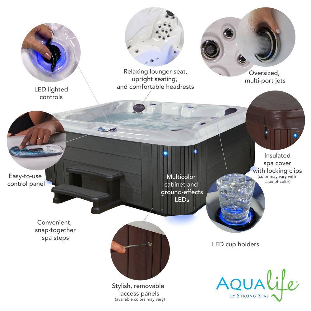 Aqualife® by Strong Spas® Grand Banks™ 5-Person 81-Jet Acrylic Lounger Hot Tub Spa, Stainless Steel Heater and Ozonator, Multi Color LED Lighting, Insulated Cover Included