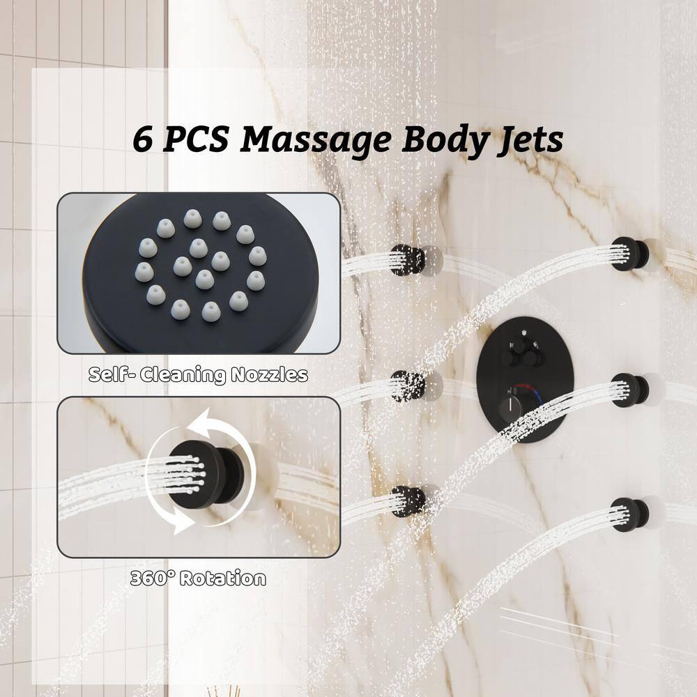 CASAINC Wall Mounted Thermostatic Complete Rainfall Shower System with 6 Body Jets and Rough-in Valve CS6823-12MB