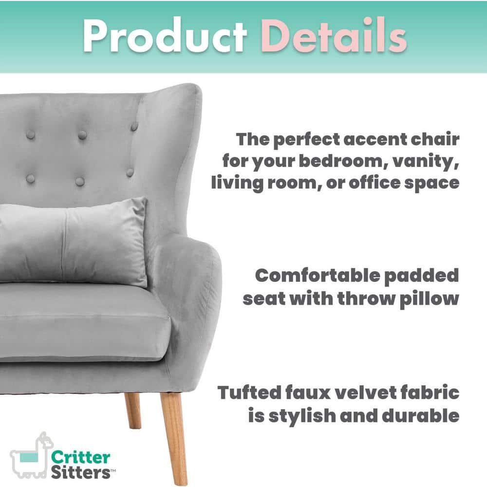 Critter Sitters Kids Wingback Accent Chair with Lumbar Pillow Faux Velvet with Wooden Legs, Gray