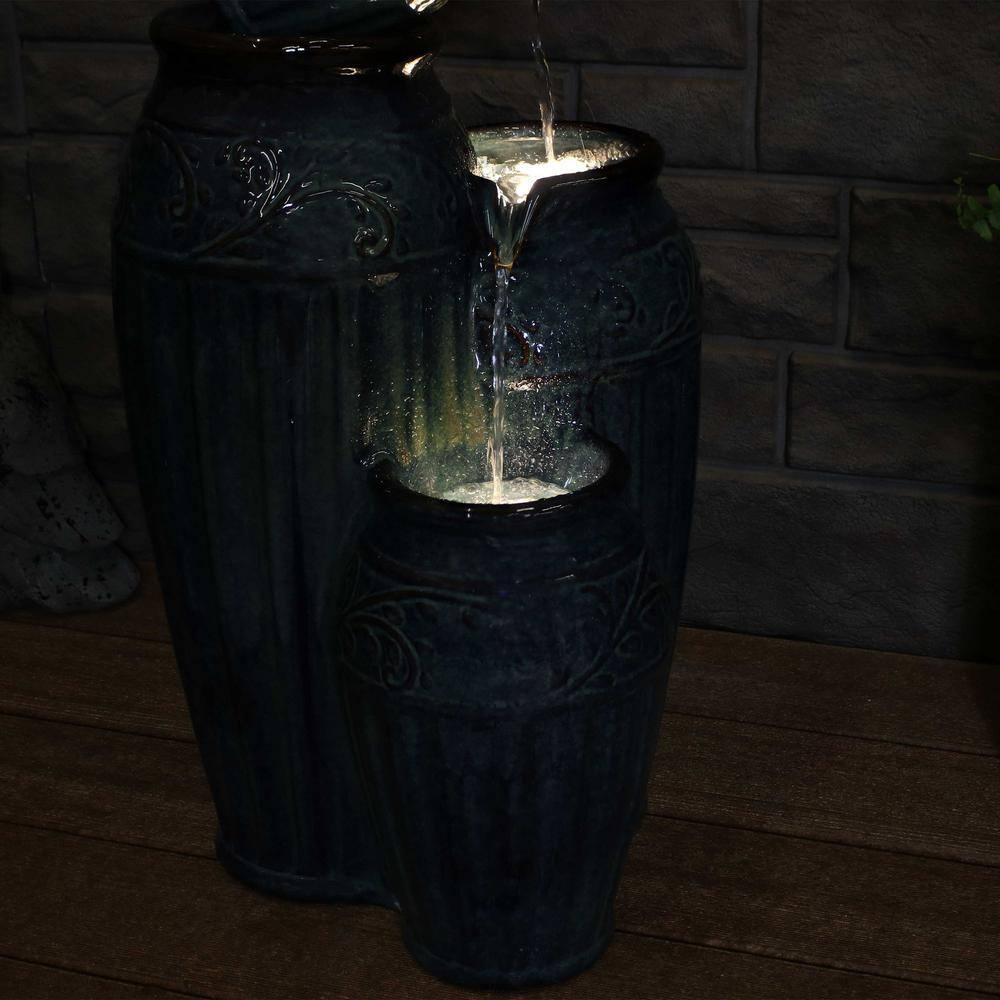 Sunnydaze 27"H Electric Ceramic Dark Turquoise Tour de Vase Outdoor Water Fountain with LED Lights