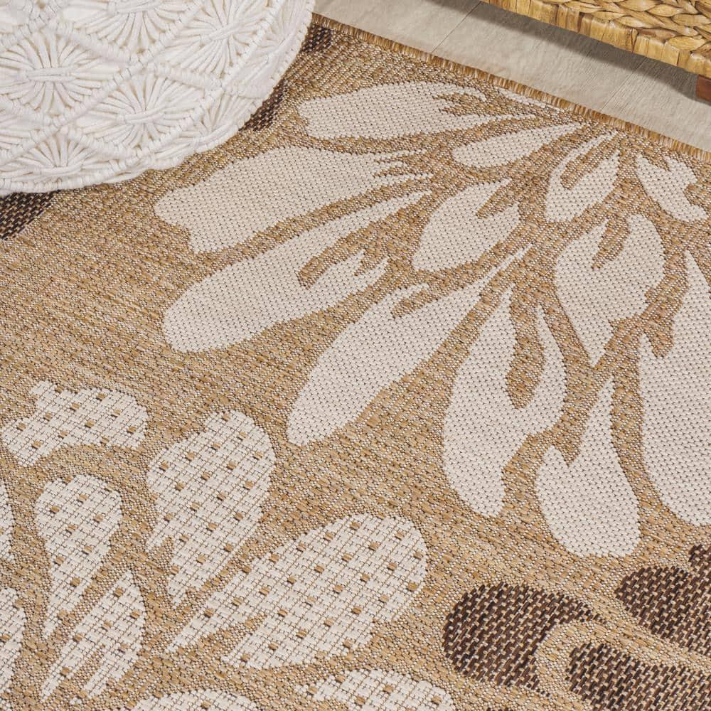 5' x 5' Zinnia Modern Floral Textured Weave Indoor/Outdoor Area Rug, Brown/Cream - JONATHAN Y