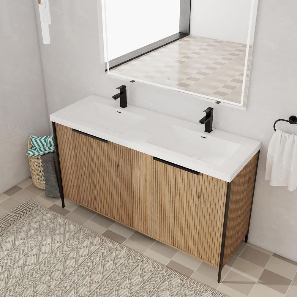 SSLine 60" Bathroom Vanity with Double Sink Mid-Century Modern Bathroom Sink Cabinet Freestanding Bathroom Vanities with Double White Top Basin and Adjustable Storage Shelves, Natural Brown Stripe