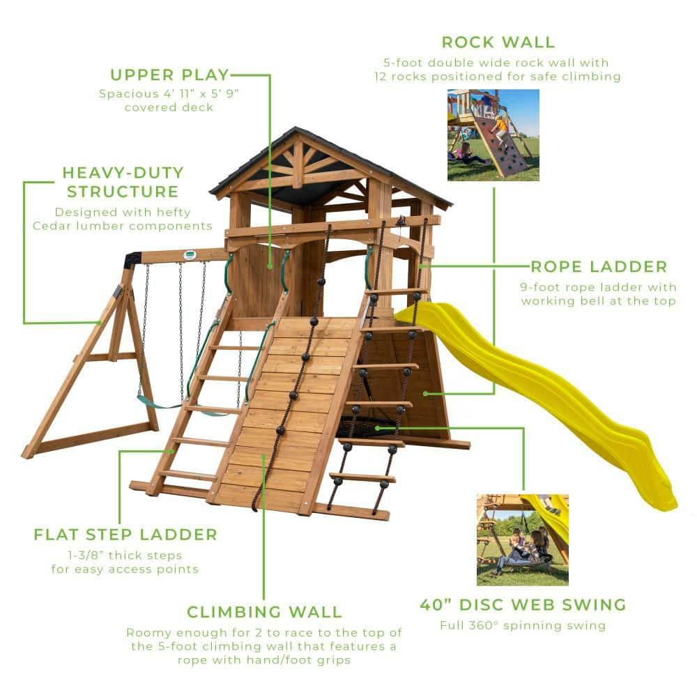 Backyard Discovery Endeavor Cedar Wood Swing Set, Slide, Play Deck, Rock Wall, Rope Ladder