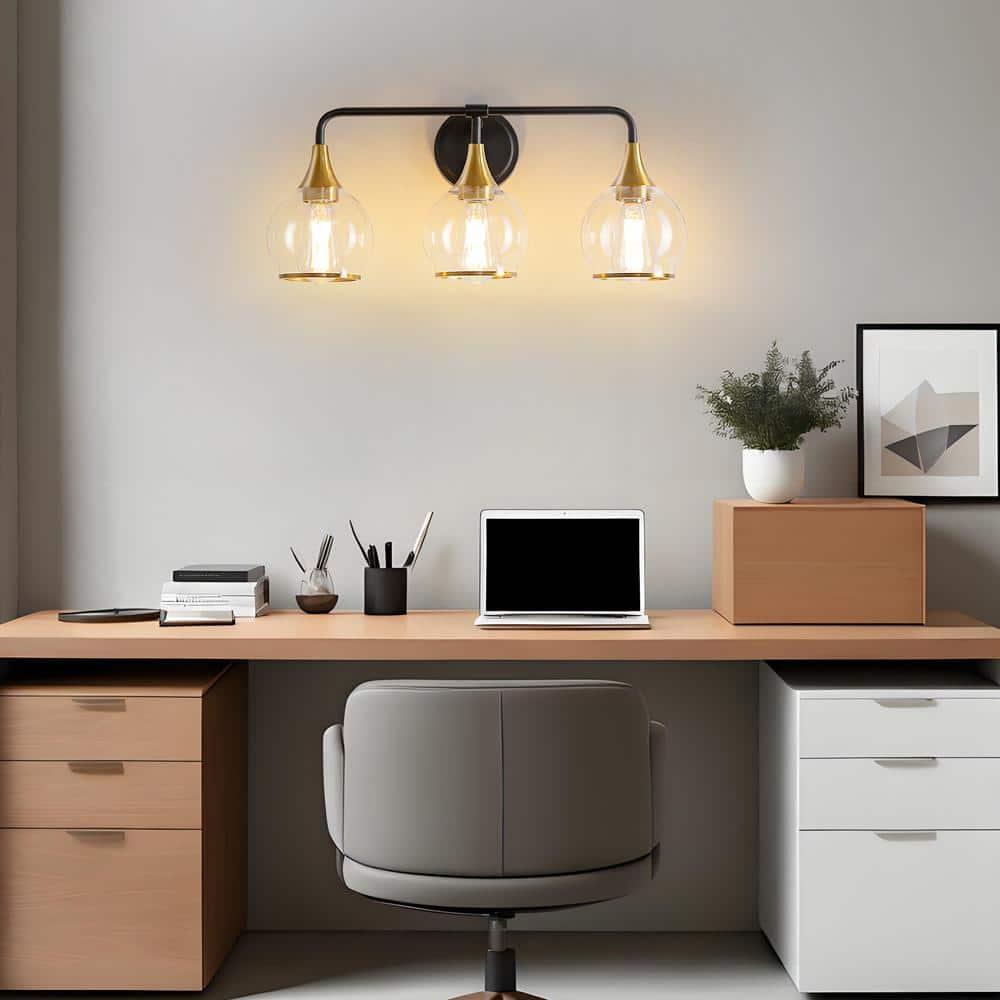 KAISITE 3-Light Black & Gold Dimmable Vanity Light with Clear Glass Shades