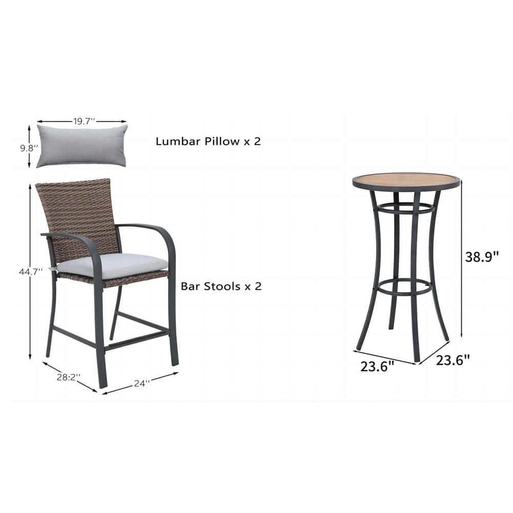 JOIVI Juego de Bar para Patio de 3 Piezas, Juego de Bistro de Mimbre para Exteriores, Taburetes de Bar de Ratán para Todo Tipo de Clima con Cojines y Mesa Superior de Madera, Muebles de Patio con Altura de Bar para 2 Personas, Mesa y Sillas de Bistro, Gris
