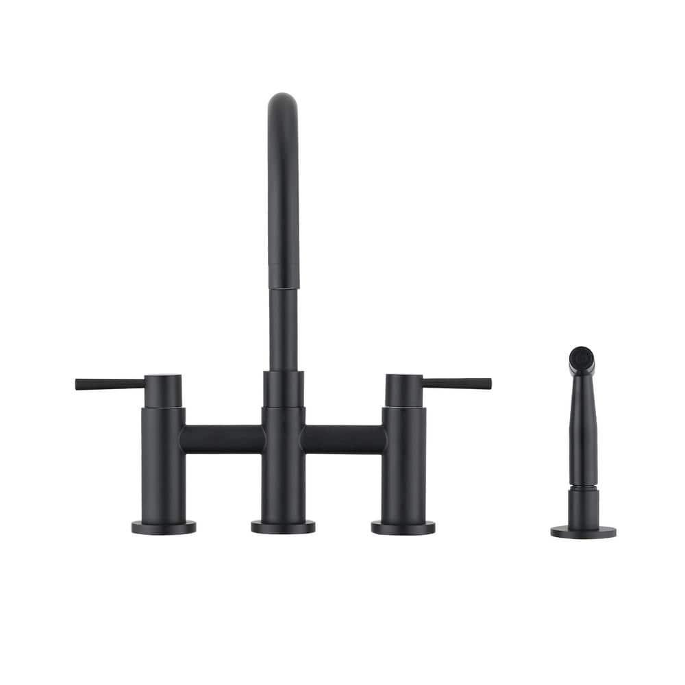 Double Handle Bridge Kitchen Faucet with Side Sprayer in Matte Black