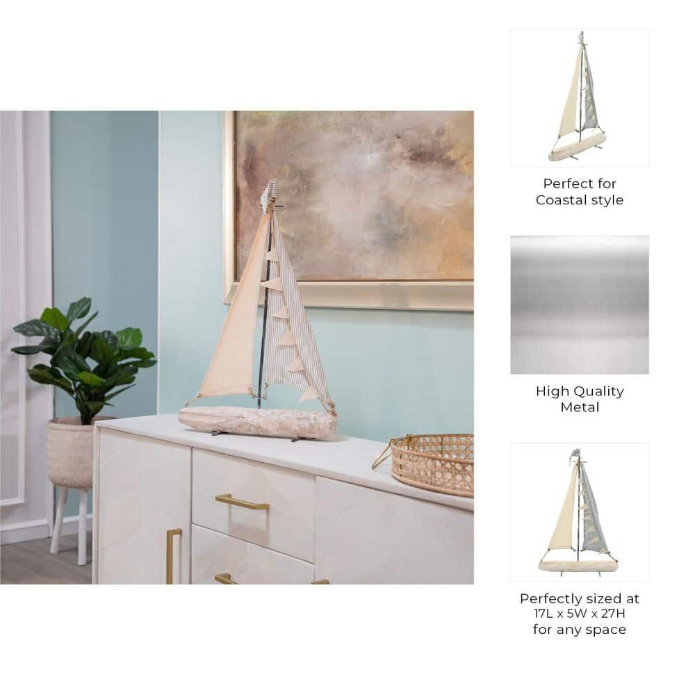 Sagebrook Home Iron 25" Sailboat With  Cloth Sails, Multi, Rectangle, Metal, Coastal, 17"L X 5"W X 25"H, Solid Color