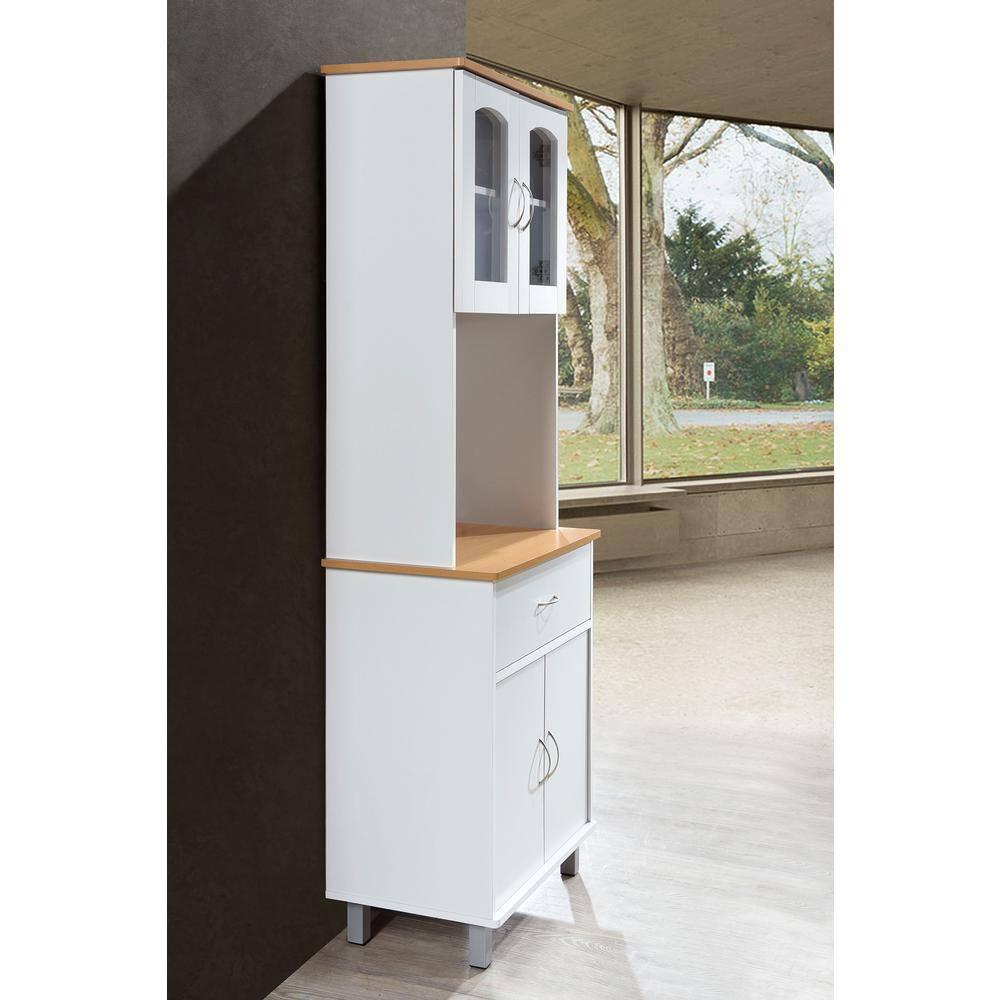 HODEDAH IMPORT Long Standing Kitchen Cabinet with Top & Bottom Enclosed Cabinet Space, One Drawer, Large Open Space for Microwave, White