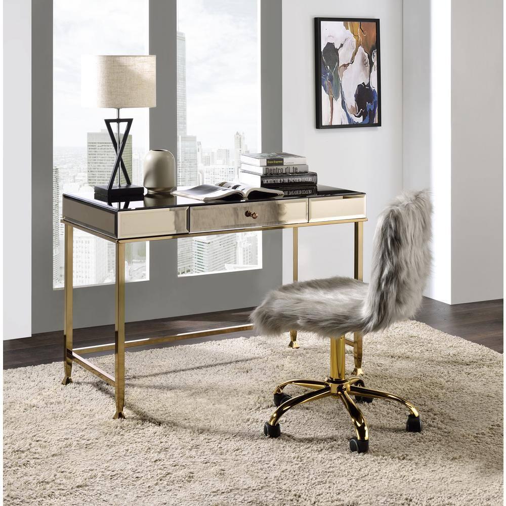 Canine Writing Desk Smoky Mirrored/Champagne - Acme Furniture: Beveled Edge, Wood Composite Frame, Home Office
