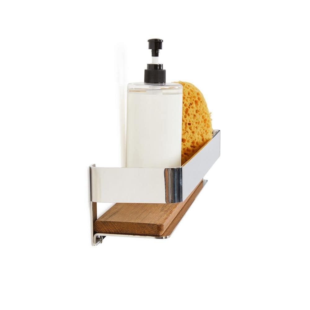 Floating Rectangular Shower Shelf with Rail in a Polished Finish and Natural Teak Wood Insert