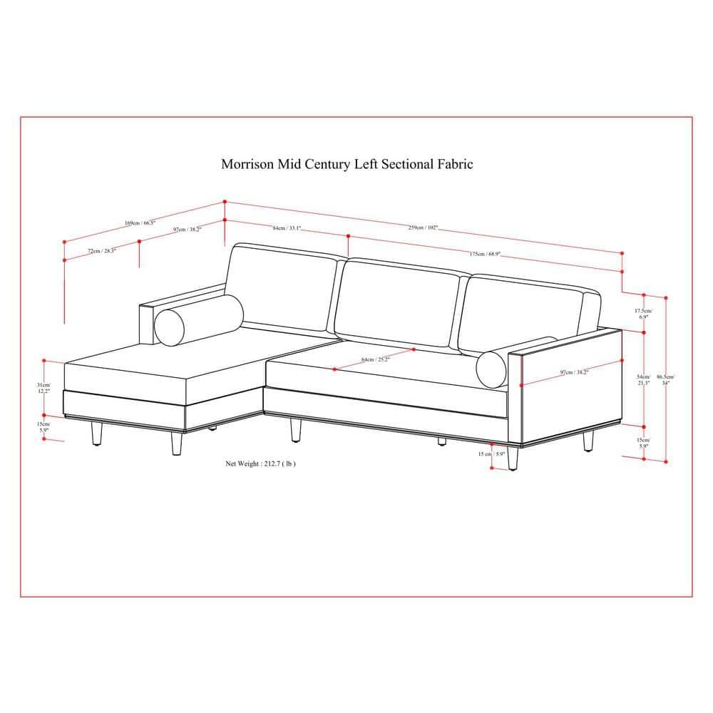 Simpli Home Morrison Large Left Sectional Sofa,Mid-Century Modern Couch with Chaise Lounge and Eco-Friendly Woven-Blend Fabric