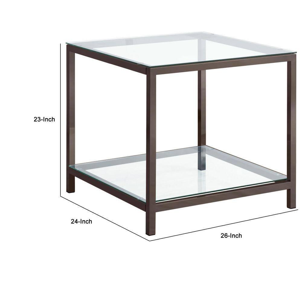 Contemporary Silver Metal & Glass Square End Table with Shelf