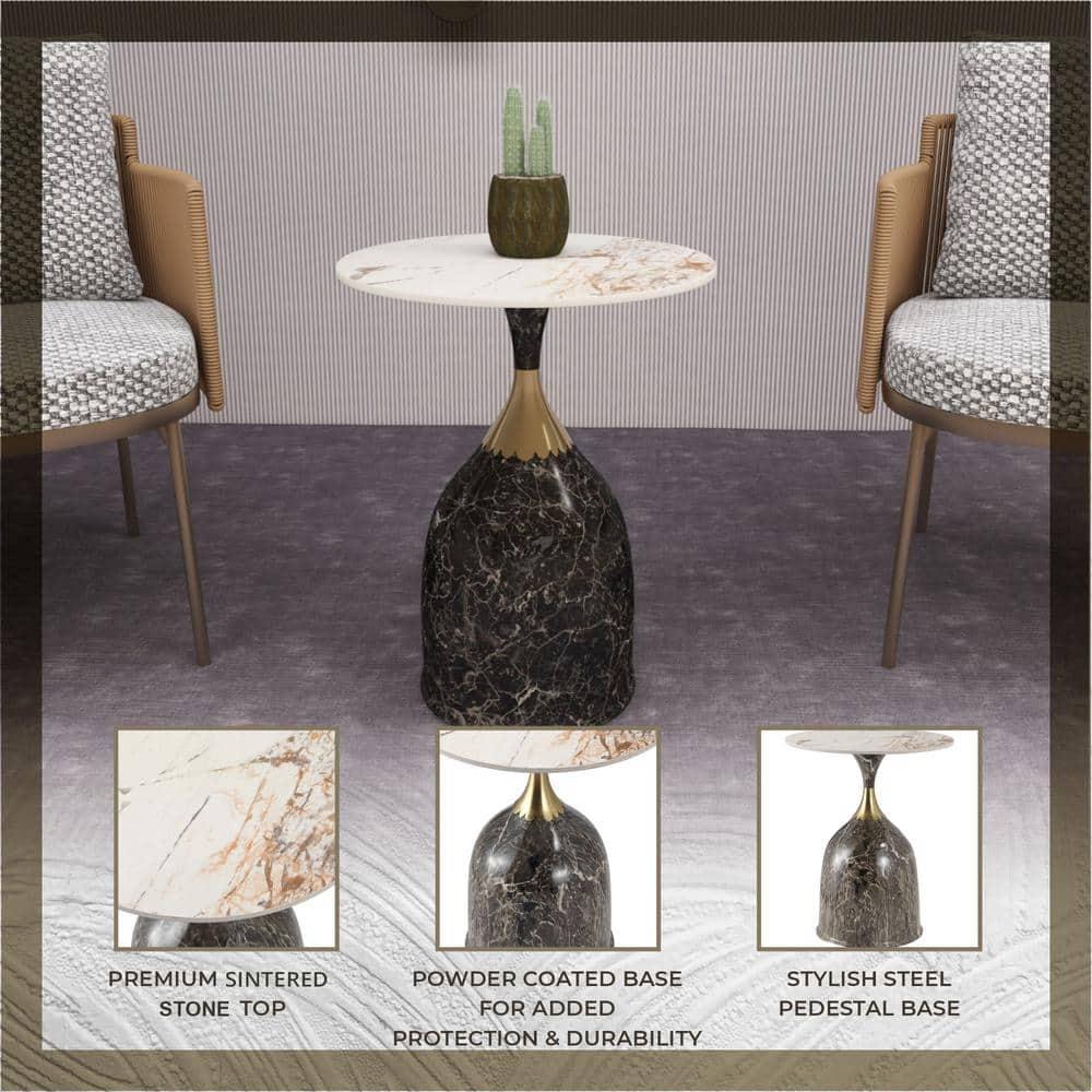 LeisureMod Side Table Round Sintered Stone Top Modern Accent Table with Stainless-Steel Base Chic End Table Oslo Series in Marbled Brown