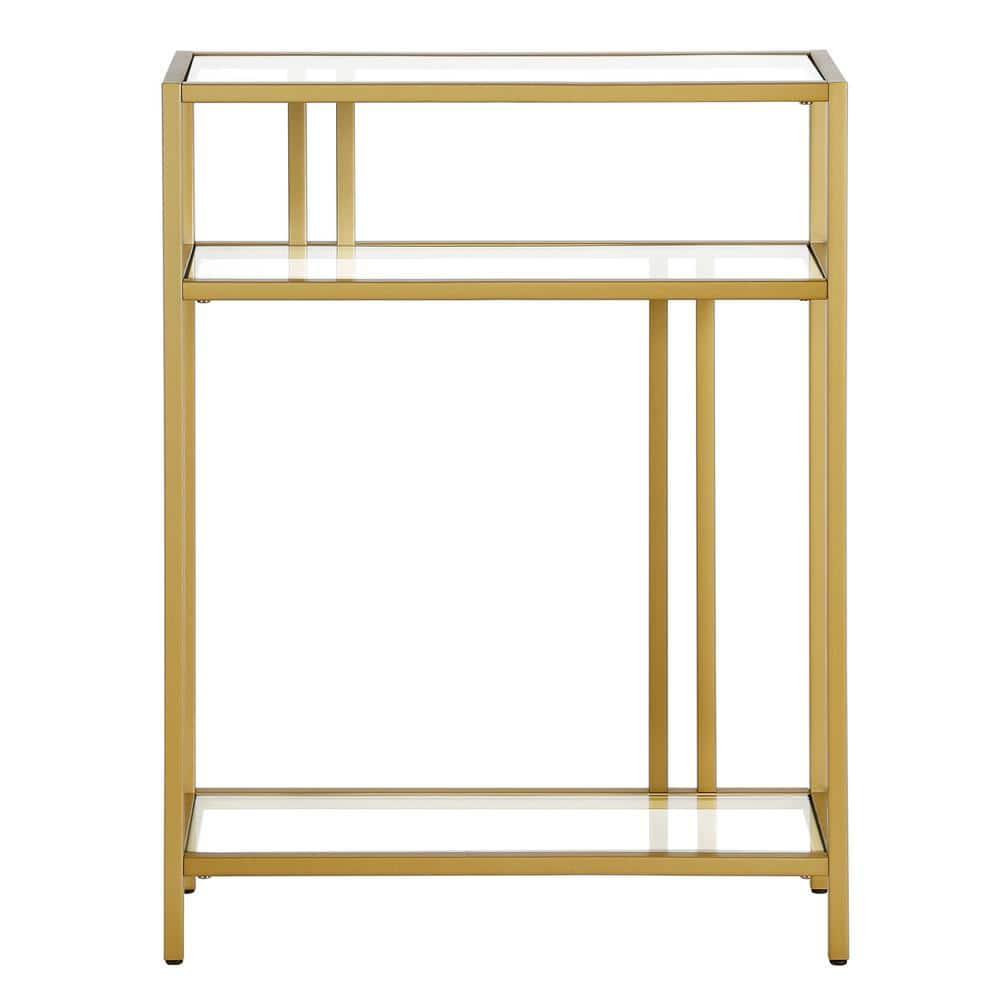 Evelyn&Zoe Cortland 22" Wide Rectangular Console Table with Glass Shelves, Brass