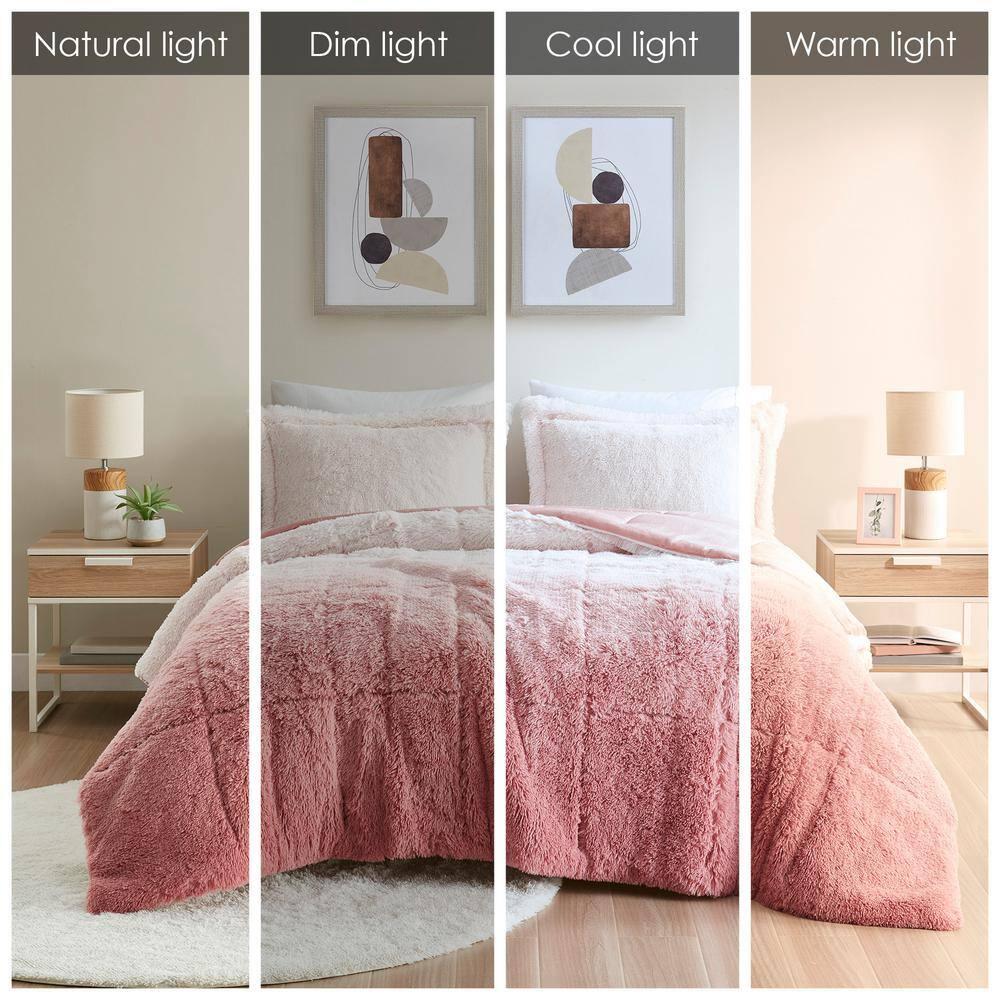 Intelligent Design King/Cal King Shaggy Faux Comforter Set, Long Fur Wave Spring Comforter Bedding Set, 3-Piece Striped Ombre Design Warm Bed Set, Blush
