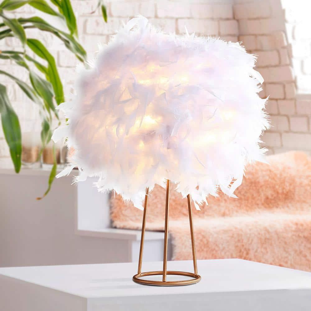 JONATHAN Y JYL9051A Stork 16" Feather Metal LED Table Lamp Contemporary Bedside Desk Nightstand Lamp for Bedroom Living Room Office College Bookcase LED Bulb Included, White/Gold