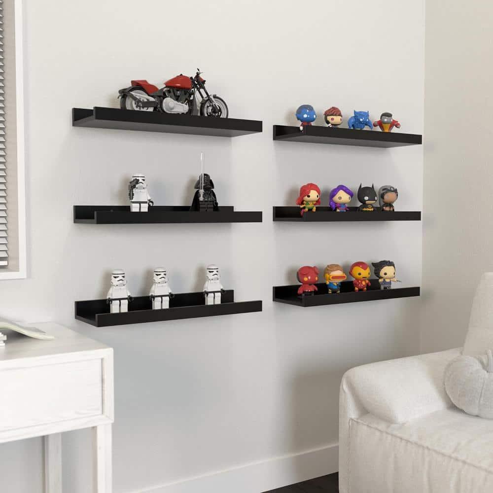 Floating Shelves Set of 6, Black Wall Shelves with Lip, Display Shelves for Wall Decor, Modern Picture Ledge for Living Room, Bedroom, Nursery, Bathroom, Pictures, Books, Plants- Black