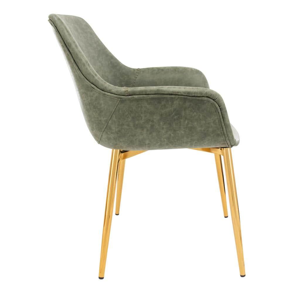 LeisureMod Markley Faux Leather Dining Chair with Arms and Gold Metal Legs, Olive Green