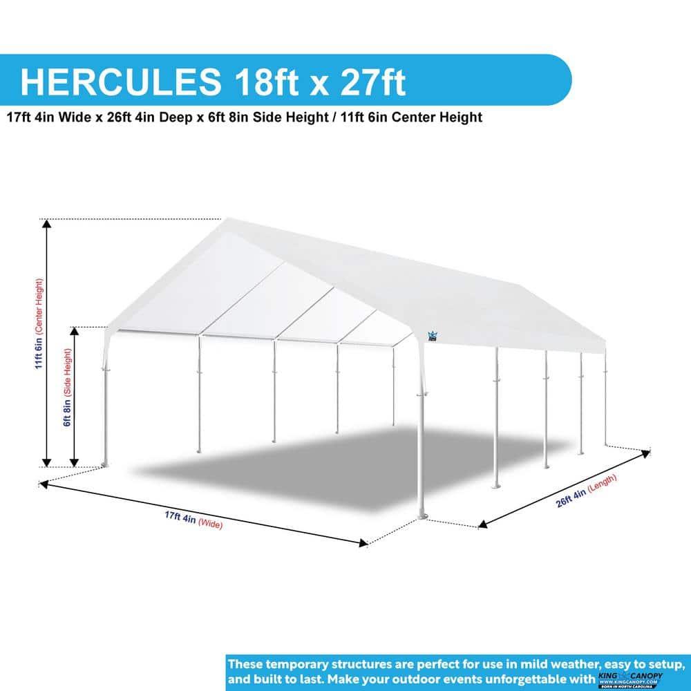 King Canopy  Hercules 18ft x 27ft, 2in Hammertone Steel Frame w/ buttons, 10-Leg, Carport, White