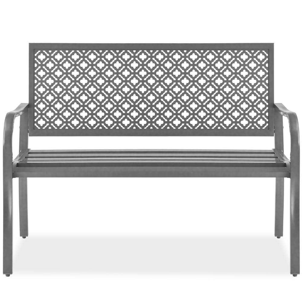 Red Barrel Studio® 2-Person Outdoor Metal Bench with Geometric Backrest, 790lb Capacity, for Garden, Patio, and Entryway