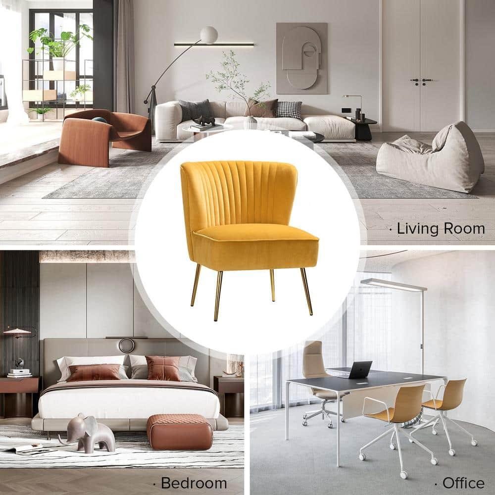 Comfy Velvet Accent Chair Transitional Armless Side Chair Gold Leg Vanity Living Room Adult Mustard