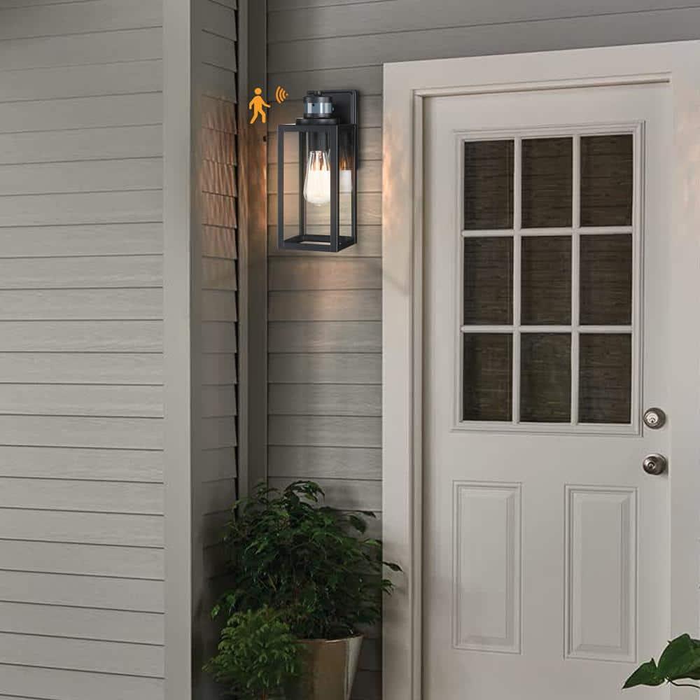 12 in. 1-Light Matte Black Motion Sensing Dusk to Dawn Outdoor Wall Lantern Sconce Sensor