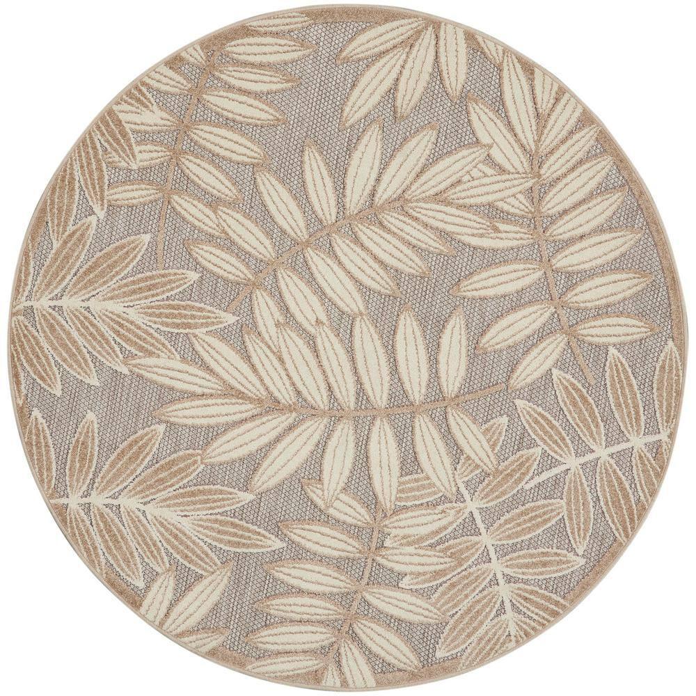 Nourison Aloha Floral Leaf Flatweave High-Low Indoor Outdoor Round Rug Natural 5'3" x 5'3"