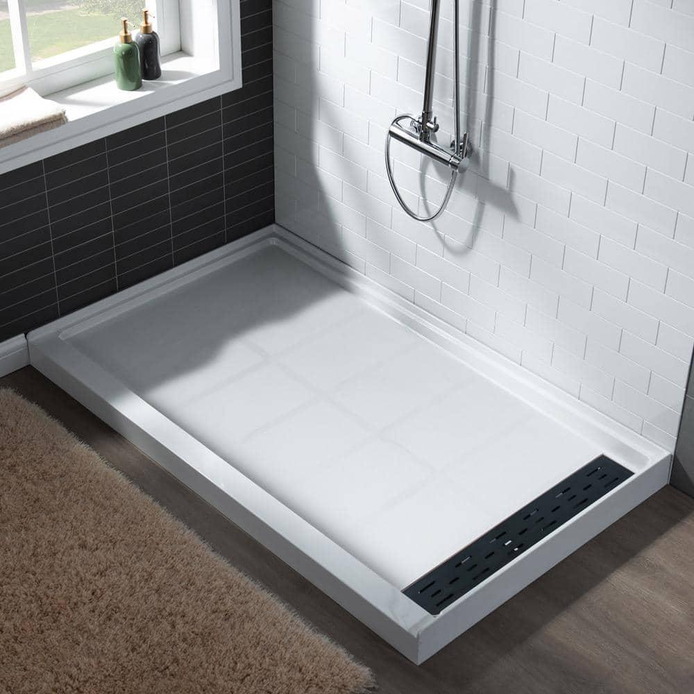 60" x 36" Solid Surface Single Threshold Shower Pan Base with Drain Assembly & Drain Cover Included, Non-Slip