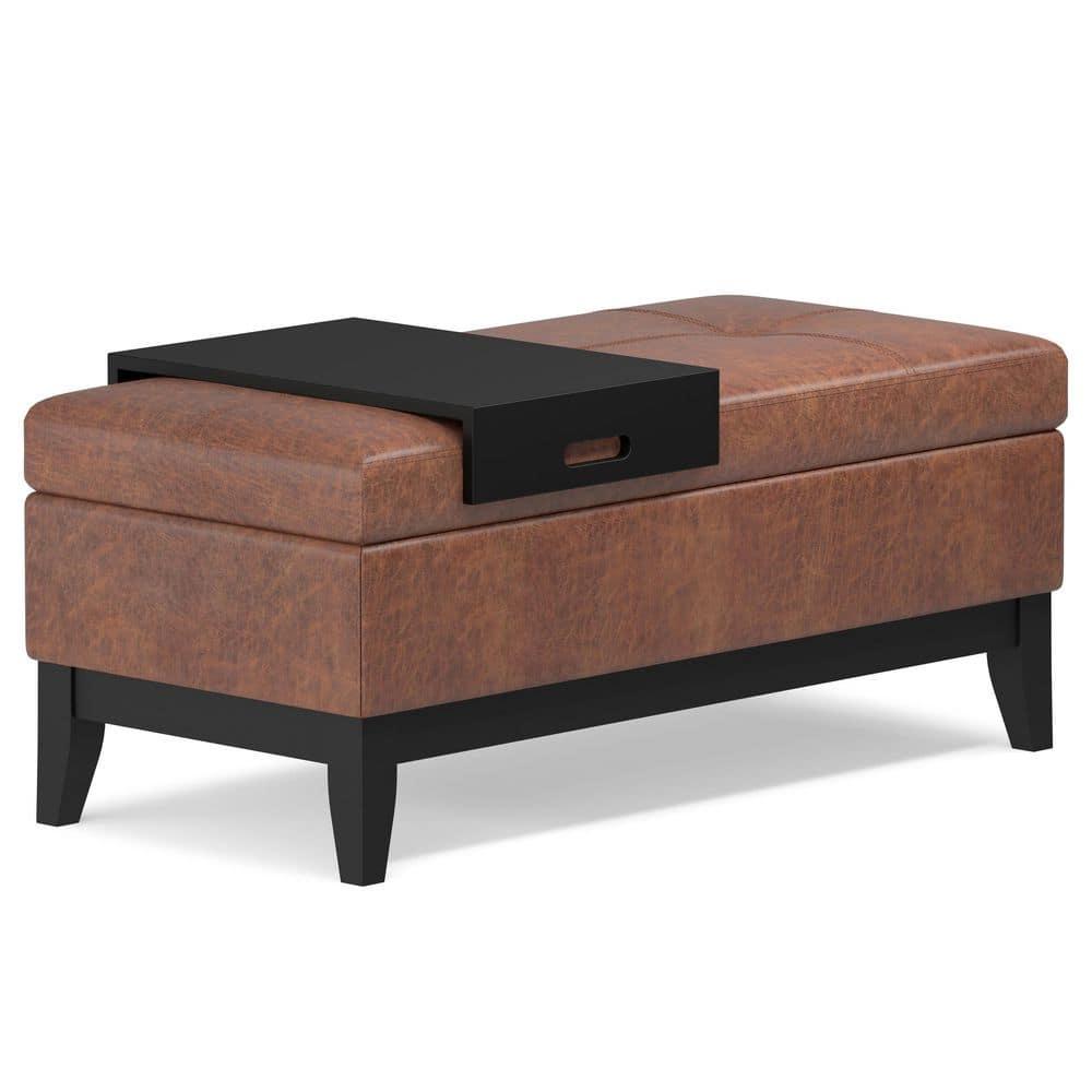 Simpli Home Oregon 42"W Upholstered Storage Ottoman Bench with Lift-Top Lid and Tray