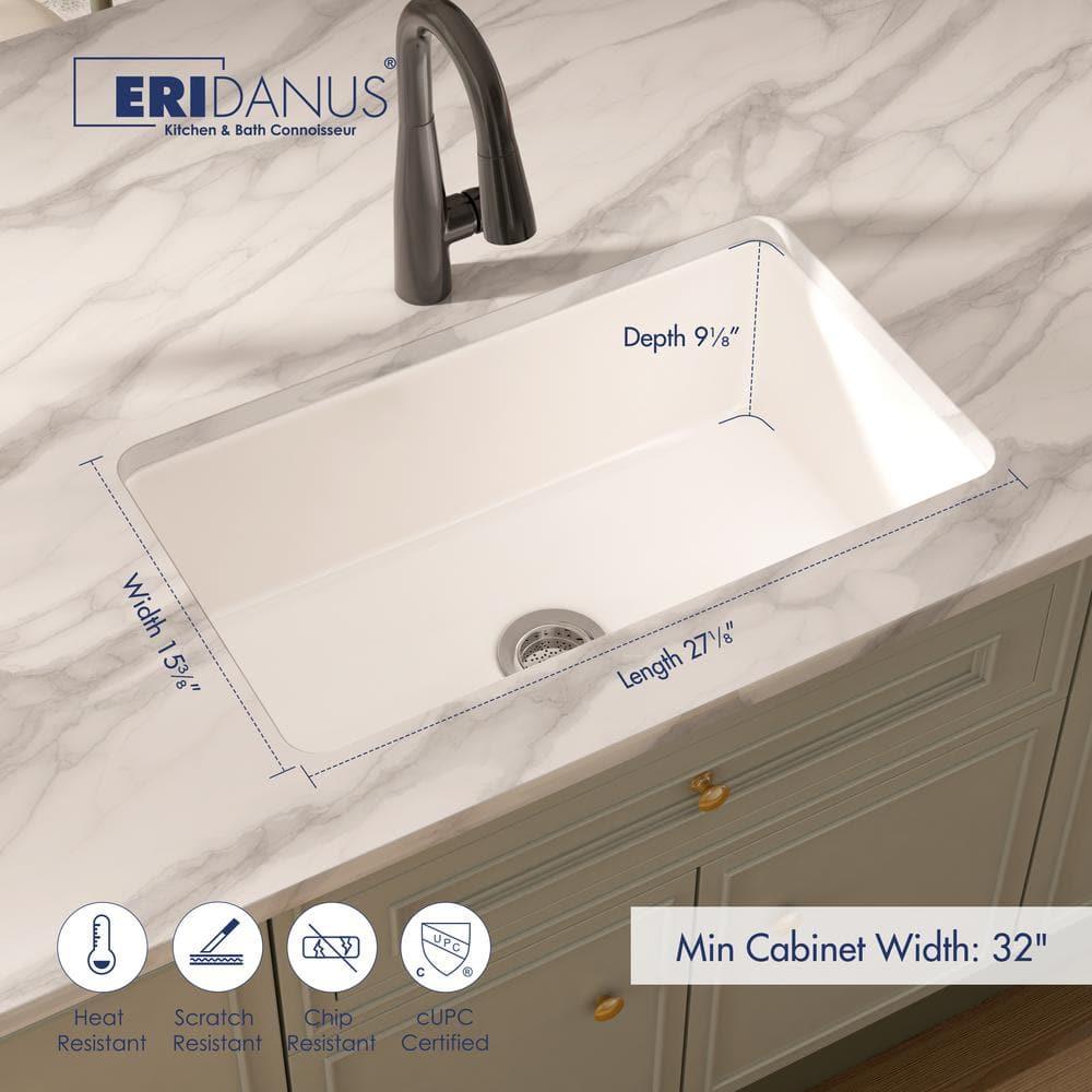 Eridanus Oslo 30" x 18" White Single Bowl Fireclay Undermount Kitchen Sink with Basket Strainer and Bottom Grid ERI-DS-164