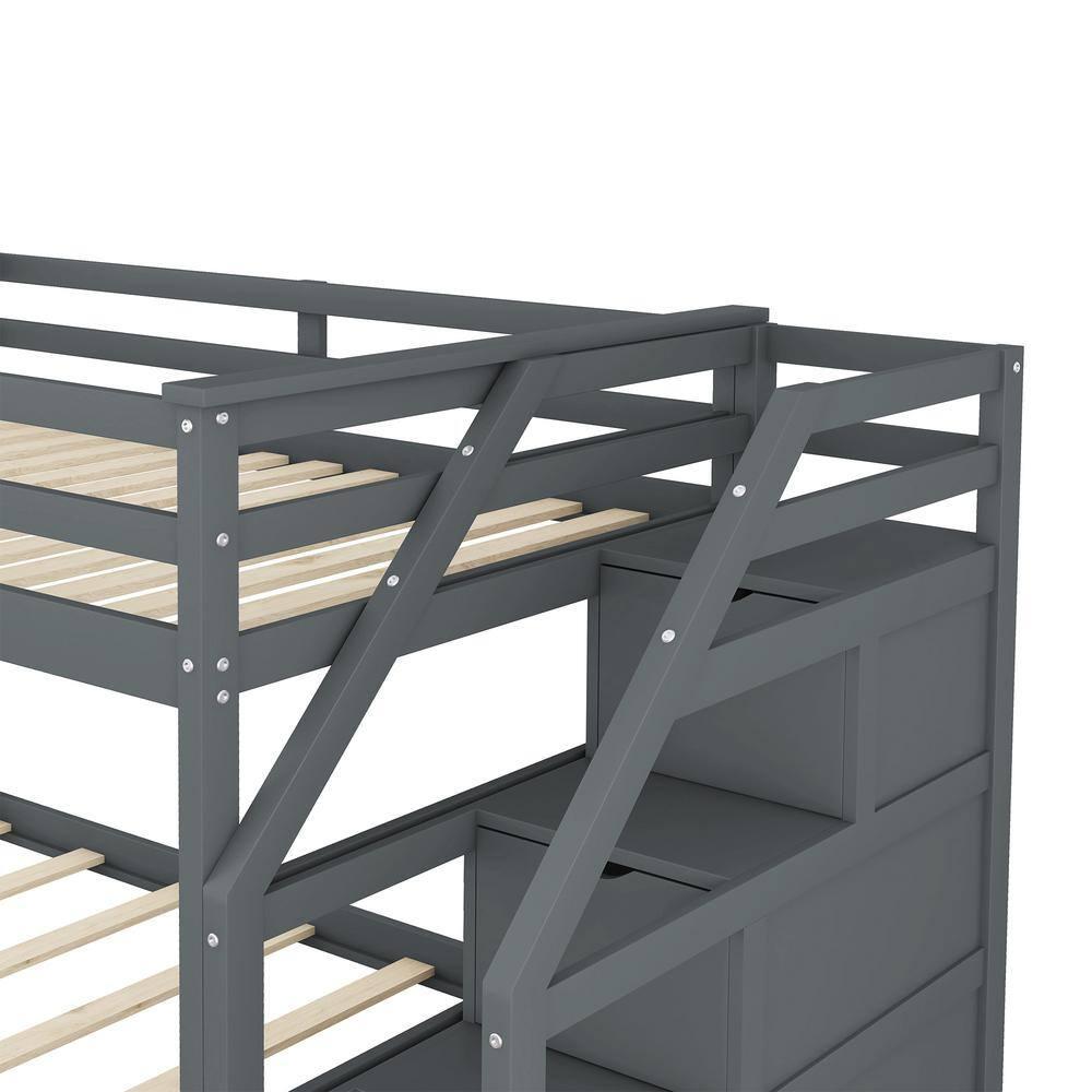 Gray Twin Over Twin Pine Wood Bunk Bed with Trundle and Storage Stairs