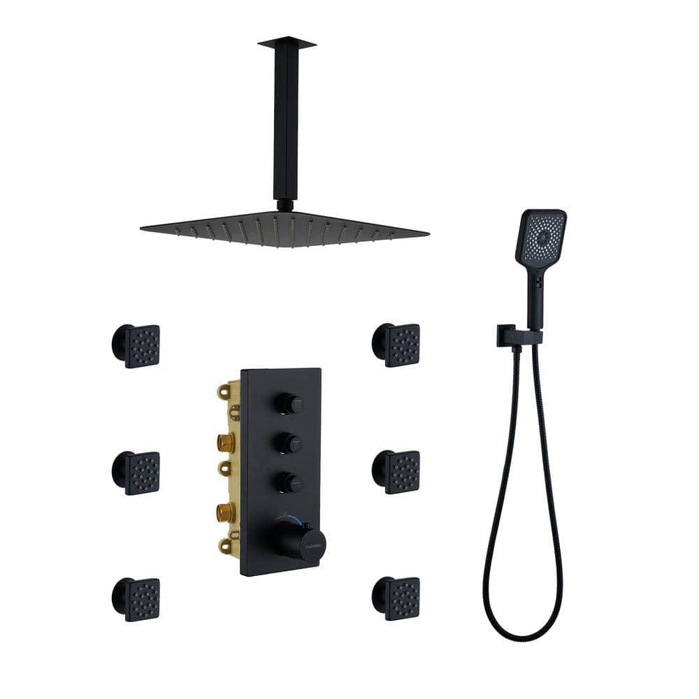 3 Functions 12 Inch Ceiling Mounted Thermostatic Shower System with 6 Body Jets