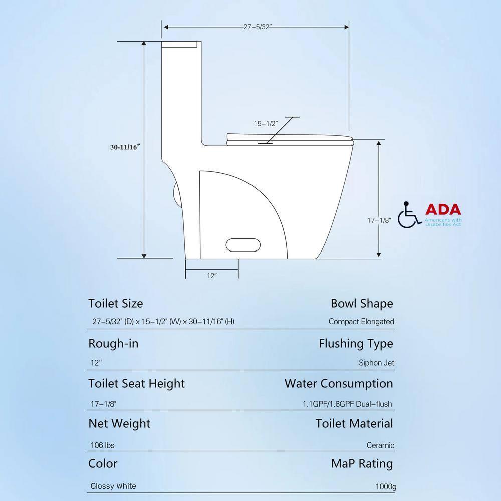 One-Piece Toilet, 1.1/1.60 GPF Water-Efficient Dual-Flush Elongated Comfort Height Floor Mounted, Standard-Size Toilet With Soft Closing Seat Included